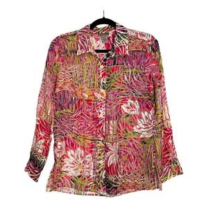 Choices Women Small Pink Abstract Floral Linen Blend‎ Button Up Blouse 1551525